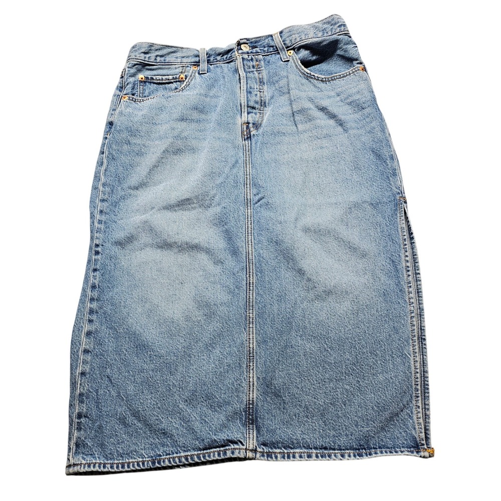 Levi's Denim Midi Skirt Women 31 Blue Streetwear Button Fly Slit Medium‎ Wash